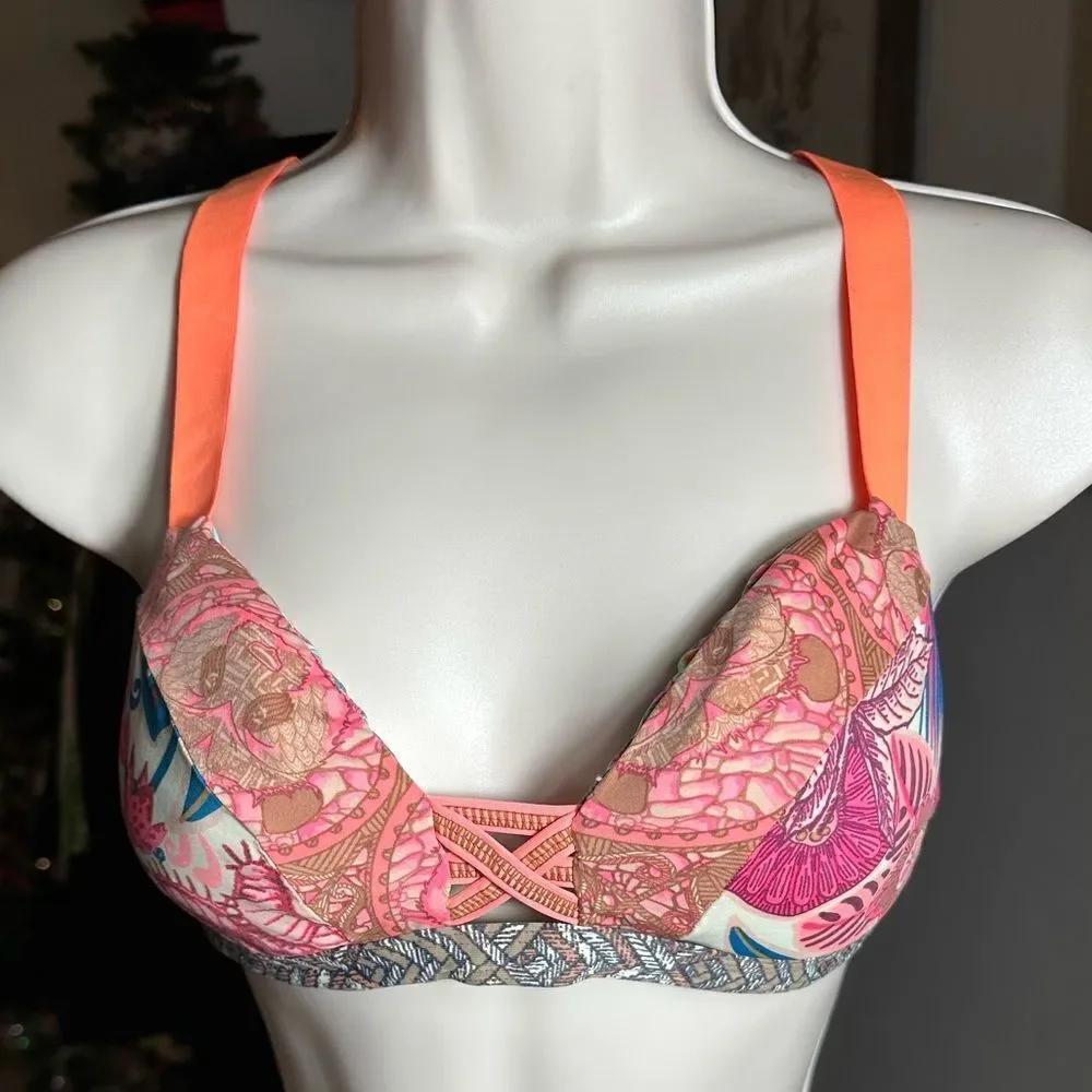 Maaji Neon Coral Pink Pineapple Sea Horse Print Reversible Bikini Top - Picture 3 of 9